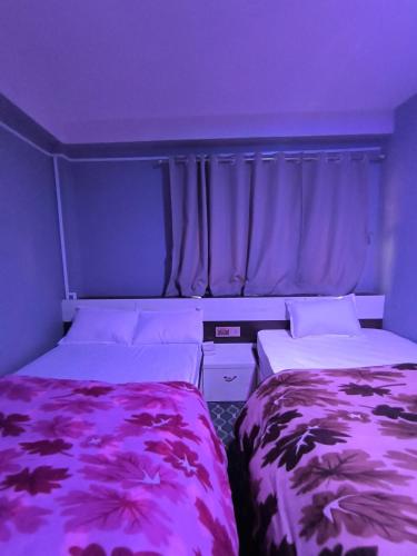 two beds in a small room with purple ceilings at HOTEL CENTRE POINT RESTAURANT & Lodge in Tāplejung