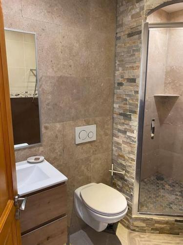 une salle de bain avec toilettes, lavabo et douche dans l'établissement T2 rez de villa avec piscines, à Fréjus