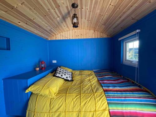 a bedroom with a bed in a blue room at Shepherds Hut - Brecon Beacons in Llangadog