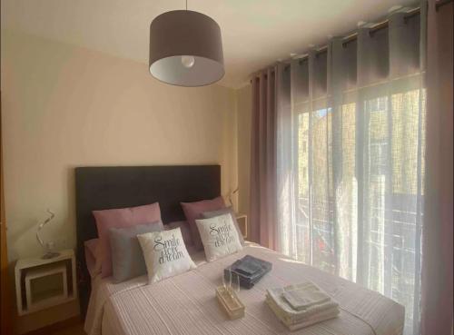 ein Schlafzimmer mit einem Bett mit Kissen und einem Fenster in der Unterkunft Apartamento Villa Termal Mondariz Balneario in Mondariz-Balneario