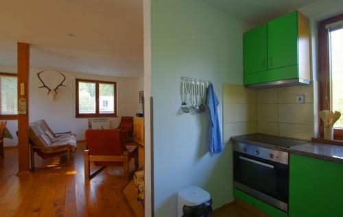 a kitchen with green cabinets and a living room at Horská chata Jelšinky v Národnom parku Slovenský raj in Smižany