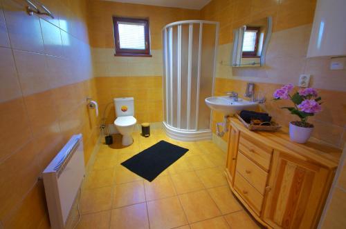 a bathroom with a white toilet and a sink at Horská chata Jelšinky v Národnom parku Slovenský raj in Smižany