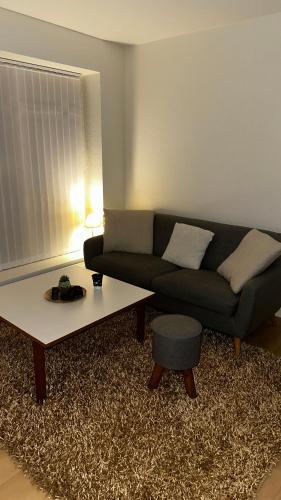 uma sala de estar com um sofá e uma mesa de centro em Cost central flat em Aalborg