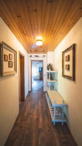 a hallway with a blue table in a room at Apartma Župelefski raj in Kapele