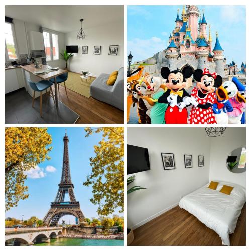 a collage of pictures of disney at Suite moderne entre Paris et Disneyland Paris in Neuilly-Plaisance