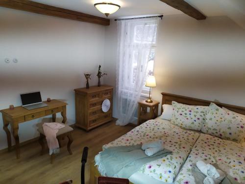 Schlafzimmer mit einem Bett, einem Schreibtisch und einem Laptop in der Unterkunft Penzion U Křížku in Malá Morávka