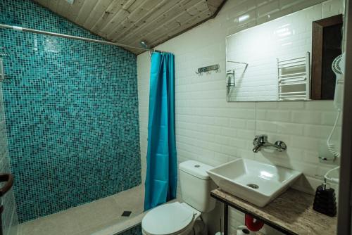 e bagno con servizi igienici, lavandino e doccia. di ციბენა • Tsibena ad Ambrolauri