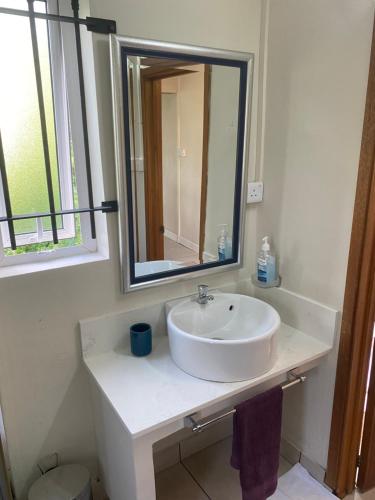 a bathroom with a white sink and a mirror at Le Colonial Cocoon Apartement 2 in La Gaulette