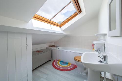 bagno con servizi igienici, lavandino e lucernario. di Foxhole Cottage 8 a Stowmarket