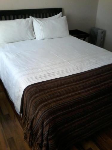 uma grande cama branca com um cobertor castanho em Palm Springs B and B and Self Catering em Butterworth