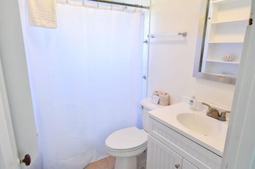 a white bathroom with a toilet and a sink at Private Downtown Wellfleet Location in Wellfleet