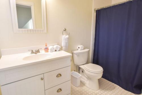 a bathroom with a toilet and a sink and a blue shower curtain at Waterfront Fun at this Huge Family Estate in Eastham