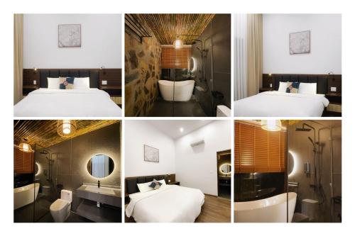 un collage de cuatro fotos de una habitación de hotel en Bản Nhỏ - Little Village, en Cao Bằng