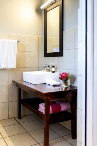 a bathroom with a sink and a mirror at Hemel 'N Aarde Stud in Hermanus