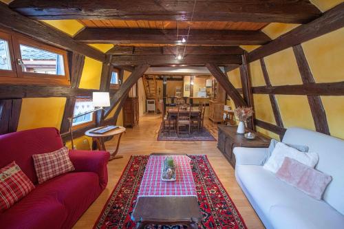un salon avec un canapé et une table dans l'établissement Les Gîtes Coeur de Vigne, à Riquewihr