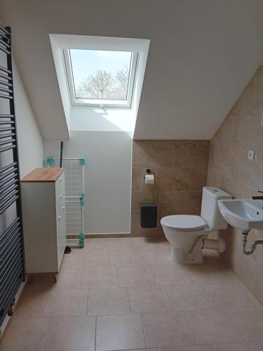 uma casa de banho com um WC, um lavatório e uma janela em U hrobky em Třeboň