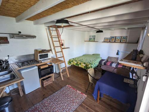 a room with a kitchen and a living room with a ladder at cabane in Ile d'Arz