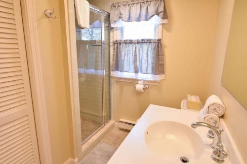 a bathroom with a sink and a glass shower at Sun Room Beaches and Dog Welcome in Chatham