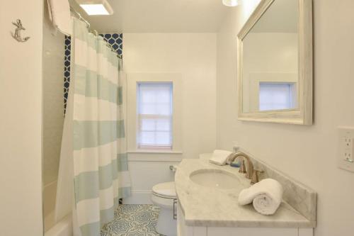 a bathroom with a sink and a toilet and a mirror at Centrally Located Home w Patio Fire Pit in Chatham