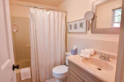 a bathroom with a toilet and a sink and a shower at Pond Front Home with Private Dock in Brewster