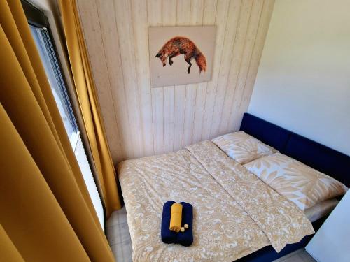 a small bedroom with a bed with a dog on it at Lisi Ogon zanurzeni w naturze in Lisi Ogon