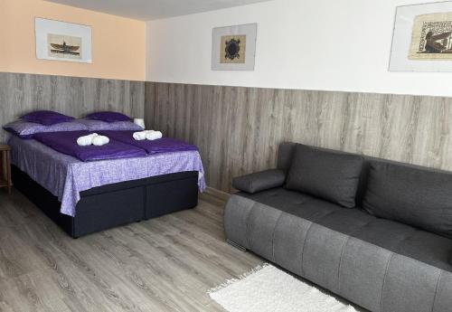 a bedroom with a bed and a couch at Apartment Révész in Harkány