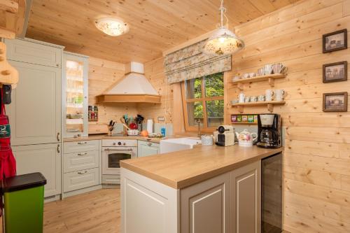 a kitchen with wooden walls and a wooden counter top at Forest Tale - Šumska priča in Crni Lug