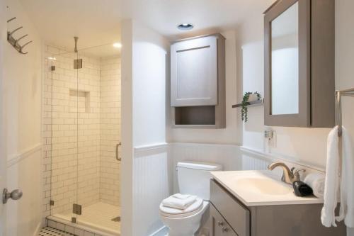 a bathroom with a toilet and a sink and a shower at Gorgeous water views in the center of town in Provincetown