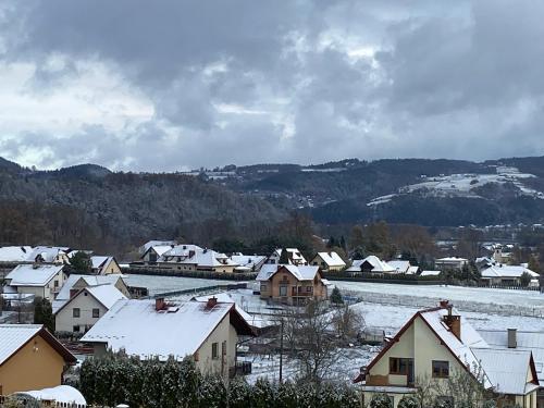 a town covered in snow with a river and houses at Cudowny Świat in Rożnów