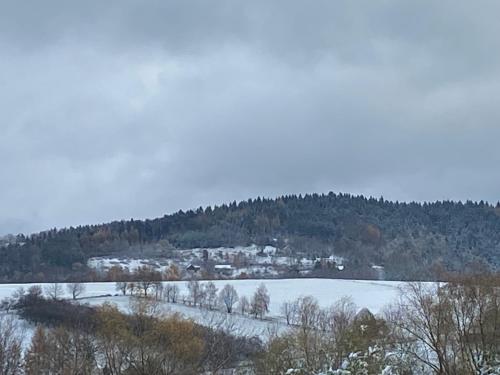a snow covered field with a town in the distance at Cudowny Świat in Rożnów