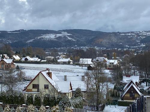 a town with snow covered roofs and houses at Cudowny Świat in Rożnów
