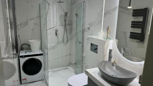 a bathroom with a shower and a washing machine at Apartament Pastelove Żywiec in Żywiec
