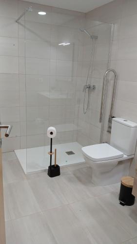 a white bathroom with a shower and a toilet at Alojamento Local Casa da Eira in Murça