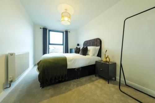 a bedroom with a large bed and a mirror at Hotwells apartments flat 8- Hopewell in Bristol