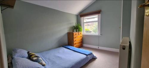 een slaapkamer met een blauw bed en een raam bij Stylish 3 bedroom Terraced house in Lime road in Bristol