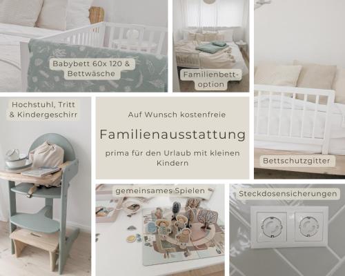 a collage of pictures of a bedroom with a bed and a table at Nordic Bo - Wellen, Wald und wilde Küste in Surendorf
