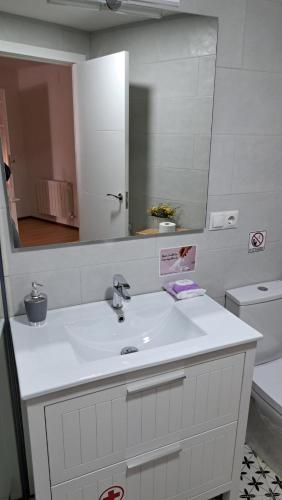a bathroom with a sink and a mirror and a toilet at VTAR San Francisco 1º in Baeza