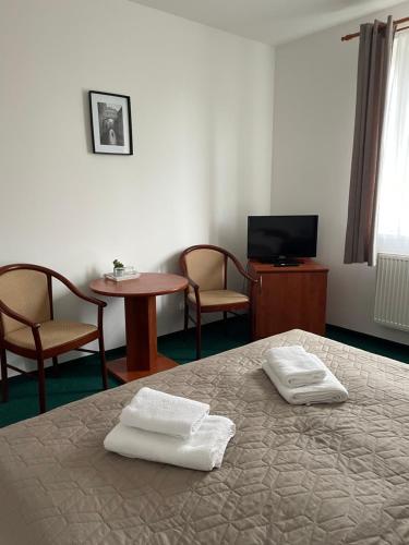 um quarto com uma cama, uma mesa e cadeiras em Golf Hotel Karolina em Karlovy Vary