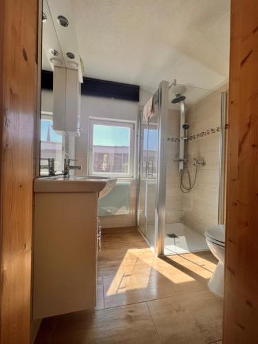 a bathroom with a sink and a toilet at Monteur- und Ferienwohnung Ela in Eisenach