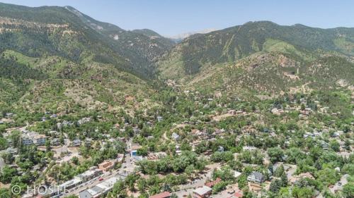 an aerial view of a town in the mountains at *H* NEW! Manitou Springs Downtown Retreat * in Manitou Springs