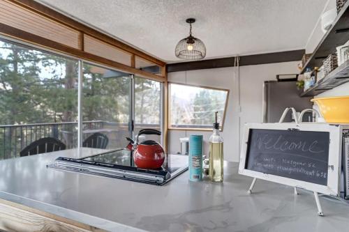a kitchen with a counter with a microwave and a stove at 4BR Cabin Mountain Views with Fireplace in Cascade-Chipita Park