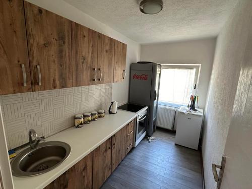 eine Küche mit einer Spüle und einem Kühlschrank in der Unterkunft Guesthouse Mema in Sarajevo