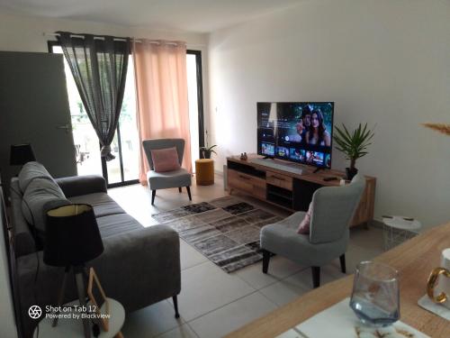 a living room with a couch and a flat screen tv at Spacieux T2, Bord De Mer Sable Volcanique in Saint-Paul