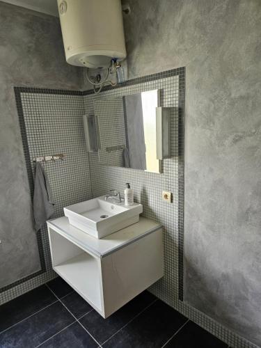 ein Bad mit einem Waschbecken und einem Spiegel in der Unterkunft Kuca na reci Sunset Sava in Ostružnica
