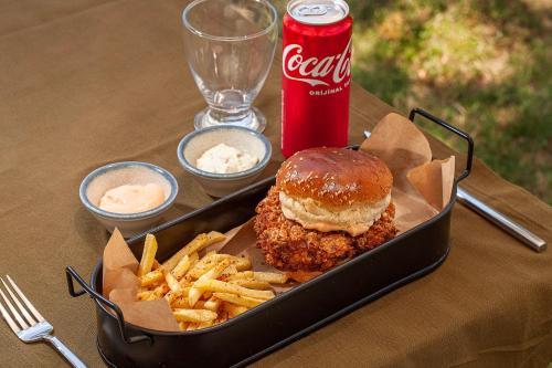 a tray of food with a chicken sandwich and french fries at Assos Altın Hotel in Behramkale