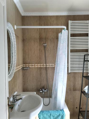 a bathroom with a sink and a shower curtain at Primera línea in Castro-Urdiales