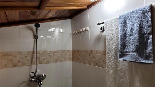 a bathroom with a shower with a blue towel at Ugatrac tours and travel in Kampala