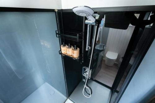 a shower in a bathroom with a blow dryer at Little Magic on Magic Mountain in Coolangatta