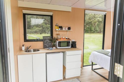 a kitchen in a tiny house with a sink and a microwave at Gumnut in Kangaroo Valley