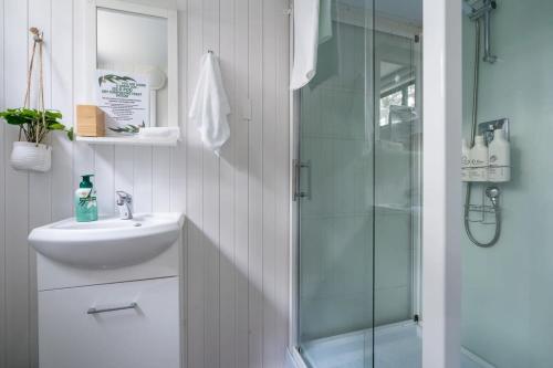 a bathroom with a sink and a glass shower at Wombat Cottage in Crackenback